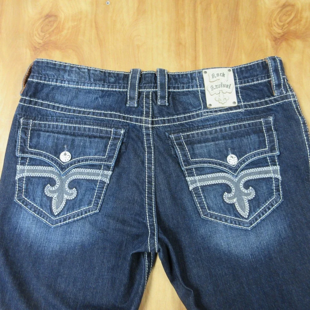 ROCK REVIVAL Mario Straight Leg Jeans 40 (42) X 33 Dark‎ Wash Denim Fleur-de-lis
